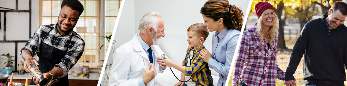 Member cooking, mother and child at doctors office and smiling couple walking. 