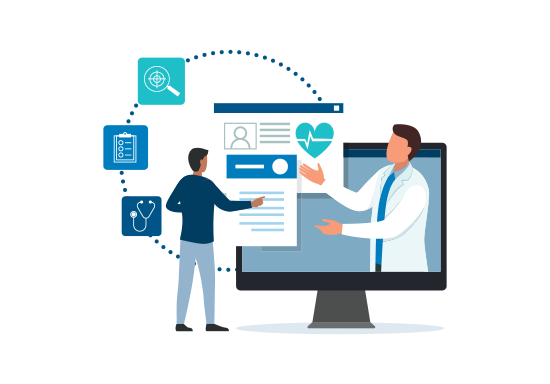 Telehtealth doctor and patient with floating health-related icons illustration.