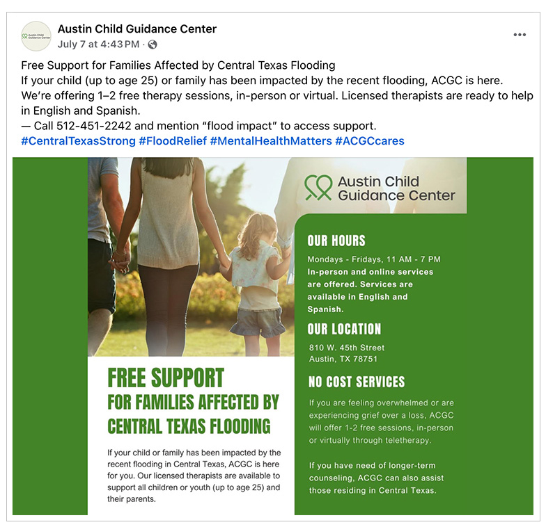 Austin Child Guidance Center is offering support in response to Central Texas flooding