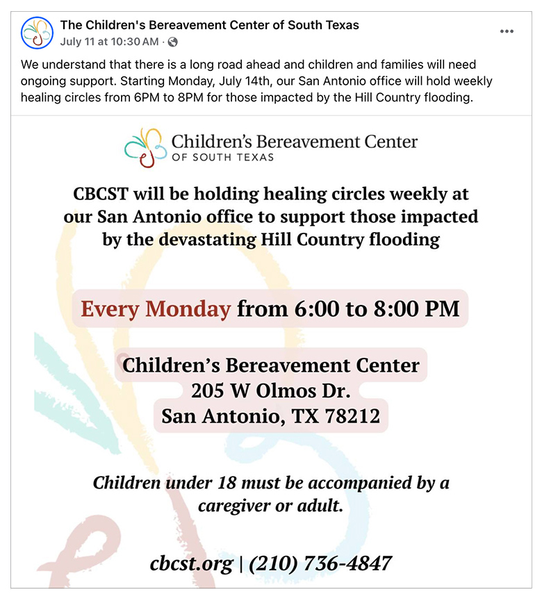 Children’s Bereavement Center of South Texas is supporting Central Texas flood relief efforts