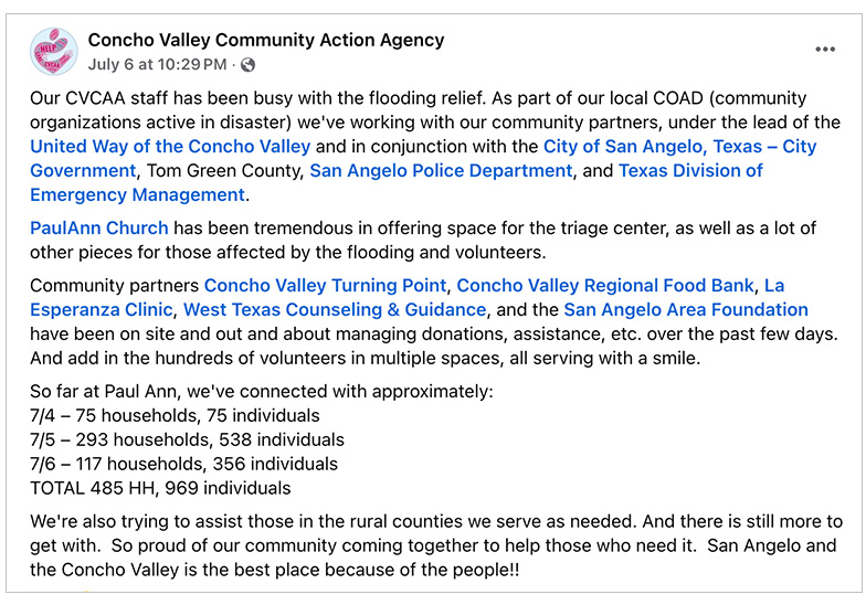 Concho Valley Community Action Agency is supporting Central Texas flood relief efforts