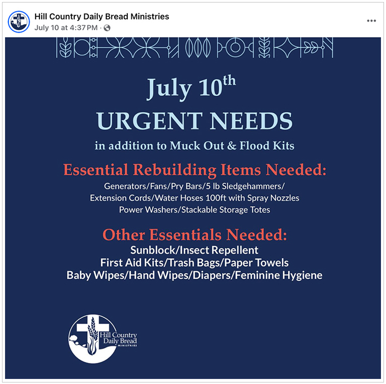 Hill Country Daily Bread Ministries is supporting Central Texas flood relief efforts