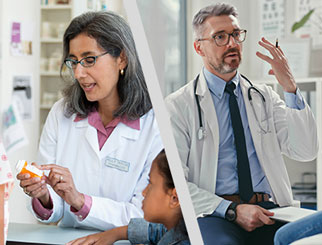 Pantalla dividida con una farmacéutica a la izquierda revisando el frasco de un medicamento con receta y un médico a la derecha hablando con un paciente