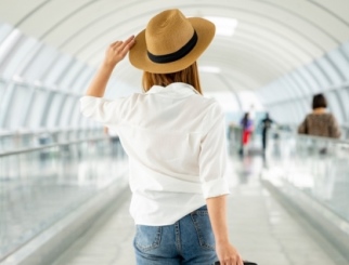 Woman in the airport pulling luggage 