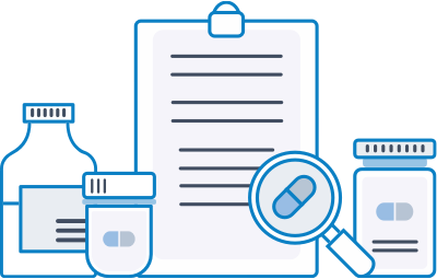 Illustrated pharmacy script, bottle and magnifying glass