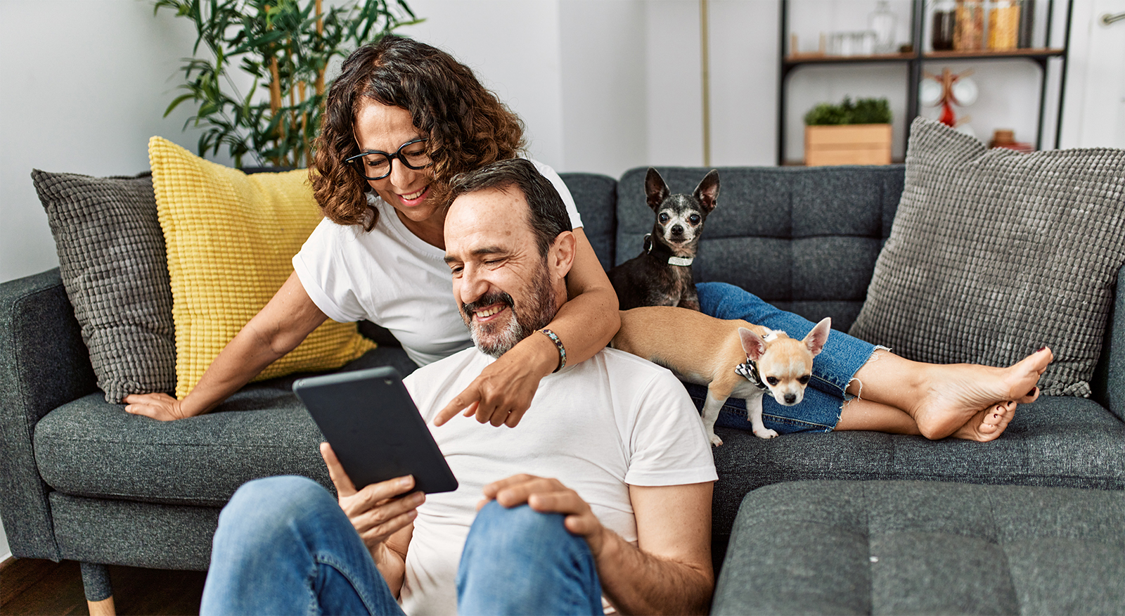 Hispanic couple smiling while using a touchpad on the sofa with dogs.